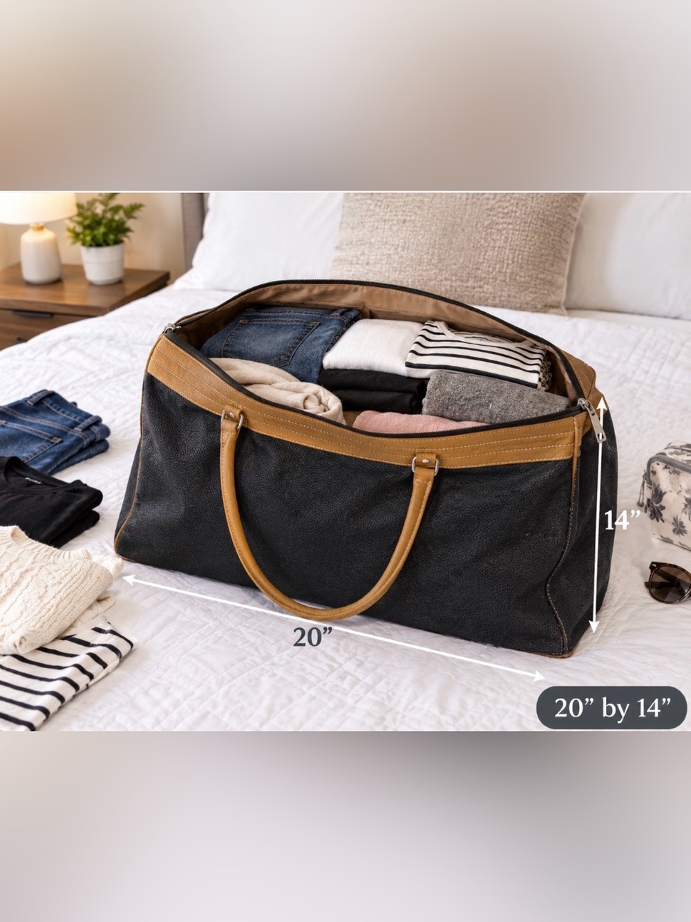 Large black & Tan Weekender Bag - Tan Handles